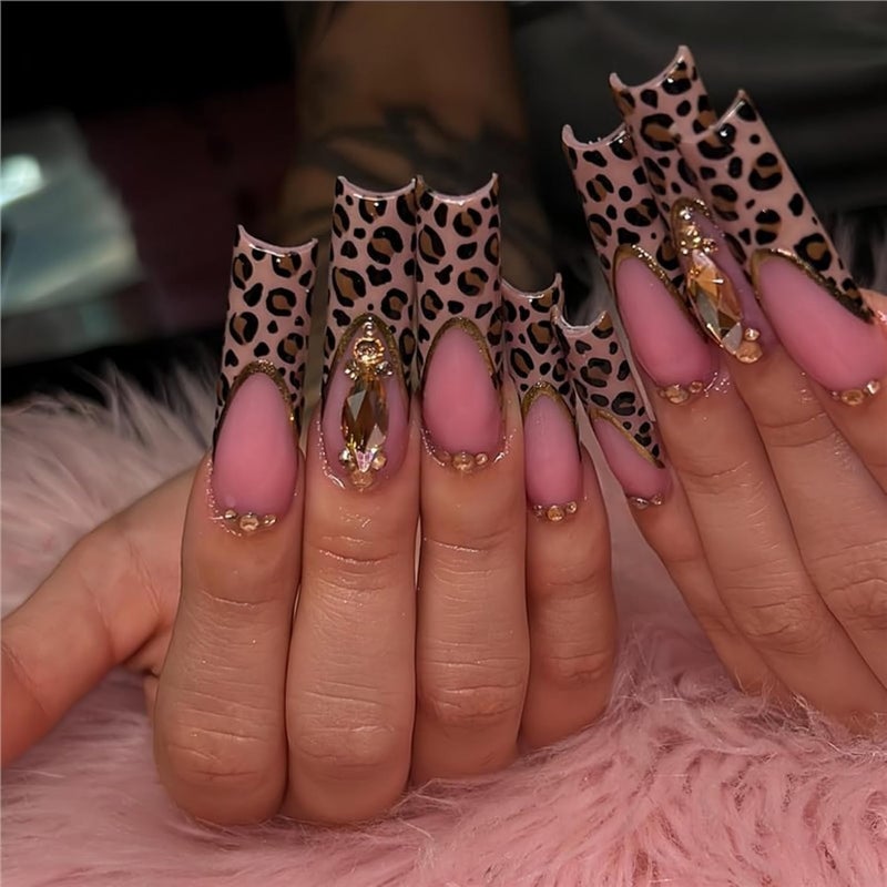 SEENEEY Long Square Press on Nails Brown Stick on Nail for Women 24pcs - Image 1